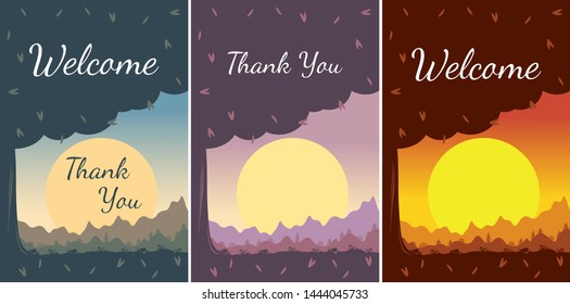 Set of beautiful landscape backgrounds with big tree, sun and mountain view. Summer nature with romantic and love sunset. Template for poster, banner, card. Design vector illustration in flat style.