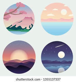 Set of beautiful landscape in circles vector illustration