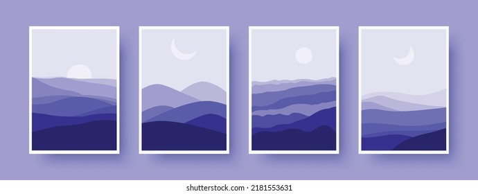 Set of beautiful landscape nature art photo frames vector illustration template. Indigo and blue shades minimal concept theme