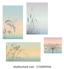 A set of beautiful landscapes with a grass silhouette against a sunset background.Vector illustration.