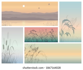 A set of beautiful landscapes with a grass silhouette against a sunset background.Ducks fly over the river against the background of mountains.Beautiful autumn landscape.Vector illustration.
