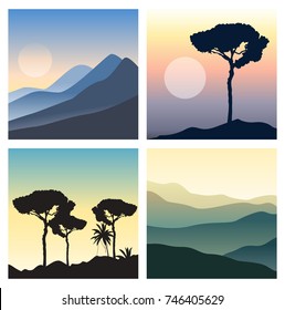 Set of beautiful landscapes. Panoramic views with mountains, sun, colorful sky and trees silhouettes. Square vector illustrations. Nature backgrounds collection.