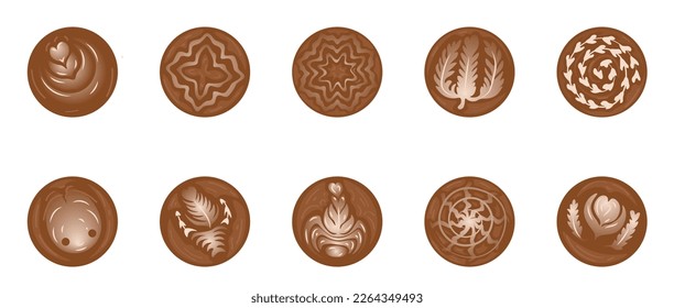 Set of beautiful latte art on white background