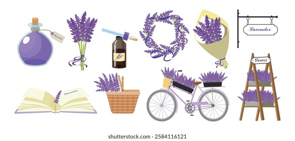 Set of beautiful lavender in cartoon style. Vector illustration of various fresh lavender: elixir, serum, bouquets, wreath, book, basket, bicycle, signboard, stand isolated on white background.
