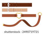 Set of beautiful leather straps, belts in cartoon style. Vector illustration of different straps with buckles: heart, round isolated on white background. Men's and women's belts. Elegant accessories.