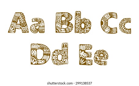 Set of beautiful letters with floral ornaments. A, B, C, D, E. Capital and small letters. Doodle alphabet. The letters in the style of a mandala. Letters coloring. ABC