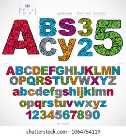 Set of beautiful letters and numbers decorated with herbal ornament. Vector typescript made in floral style.