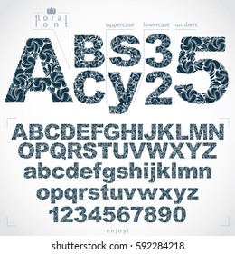 Set of beautiful letters and numbers decorated with herbal ornament. Monochrome vector typescript made in floral style.