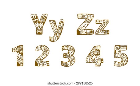 Set of beautiful letters and numbers with floral ornaments. Y, Z, 1, 2, 3, 4, 5. Capital and small letters. Doodle alphabet. The letters in the style of a mandala. Letters coloring. ABC 