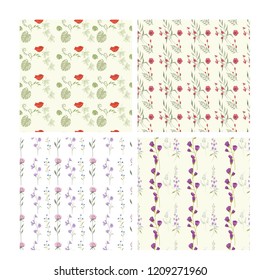 Set of beautiful light wallpaper with flower ornament. Cute seamless pattern with floral elements. Fashion print. Isolated vector illustration