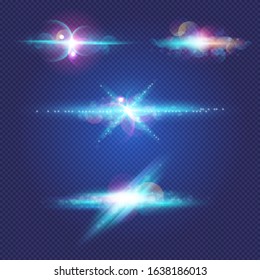 Set of beautiful lighting effect. Abstract of clourful lighting flare. Flash light sparkles on a blue transparent background.