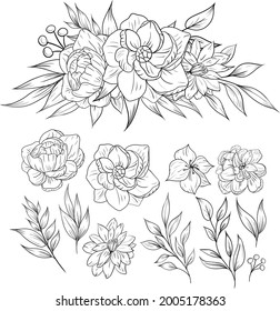 set of beautiful line art rose flower arrangement bouquet