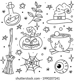 set of beautiful line drawing witch attributes witchcraft, halloween, spooky things. Vector. Isolated from the background
