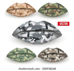 Set of Beautiful lips with Camouflage texture. Vector Illustration. Isolated on white.