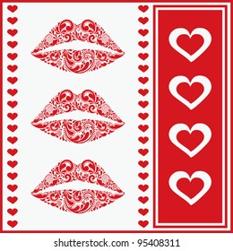 Set of beautiful lips and hearts.