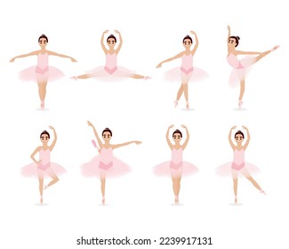 Set of beautiful little girl in a pink tutu. Cute little ballerina is dancing. Vector illustration isolated on white background