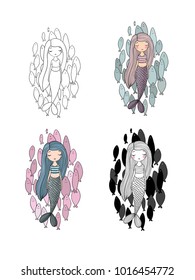 Set with beautiful little mermaid. Siren. Sea theme. Hand drawing isolated objects on white background. Vector illustration. 