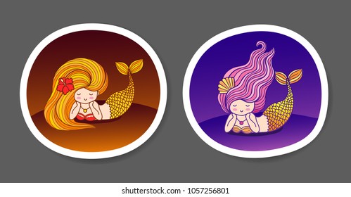 Set of beautiful little mermaids on a purple, violet gradient background. Round patch, sticker, badge, print for clothes, t-shirt, postcard, poster. Vector illustration with frame.