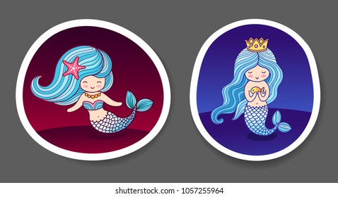 Set of beautiful little mermaids. Round patch, sticker, badge, print for clothes, t-shirt, postcard, poster. Vector illustration with frame.