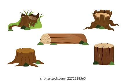 Set of beautiful logs, stumps in a cartoon style. Vector illustration of wooden logs, stumps with moss isolated on white background.