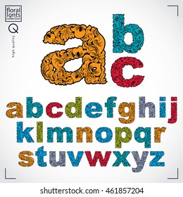 Set of beautiful lowercase letters decorated with herbal ornament. Colorful vector typescript made in floral style.