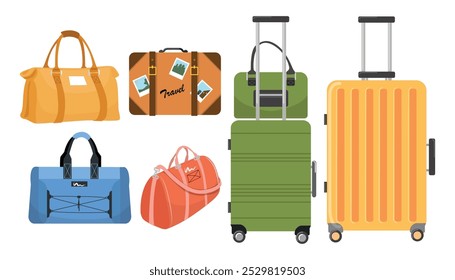 Conjunto de hermoso equipaje en estilo de dibujos animados. Ilustración vectorial de diferentes tipos, Formas de equipaje: bolsos, maletas, con pegatinas, la inscripción de viaje, correas aisladas sobre un fondo blanco.