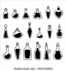 Set of beautiful and magic potion bottles doodles. Magic, witchcraft and love spells.