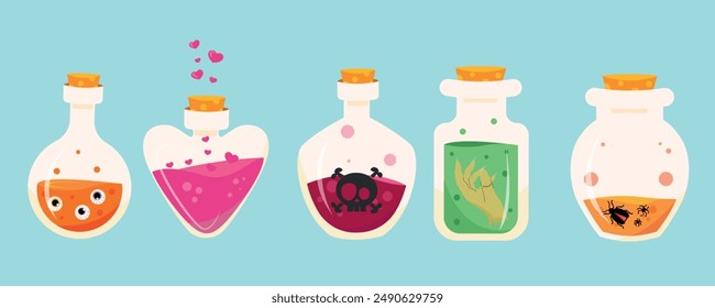 Set of beautiful magic potions in closed flasks in a cartoon style. Vector illustration of potion with elements: eyes,love,witches,skull with bones,halloween with spiders isolated on blue background.