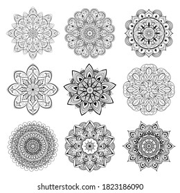 A set of beautiful mandalas and lace circles. Round gradient mandala vector. Traditional oriental ornament with a concentric gradient. Element for applying to objects for yoga, meditation, spiritual