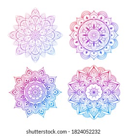 A set of beautiful mandalas and lace circles. Round gradient mandala vector. Traditional oriental ornament with a concentric gradient. Element for applying to objects for yoga, meditation, spiritual