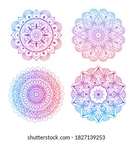 Un conjunto de hermosas mandalas y círculos de encaje. Vector de mandala de gradiente redondo. Ornamento tradicional oriental con gradiente concéntrico. Elemento para aplicar a objetos de yoga, meditación, espiritual