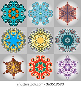A set of beautiful mandalas and lace circles. Zentangle round Indian,