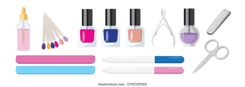  Set of beautiful manicure tools in cartoon style. Vector illustration: cuticle oil, remover, nail polish palette, nail polishes, nippers, tweezers, scissors, nail files isolated on white background.
