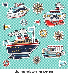 Set of beautiful marine elements: modern yacht, river boat, steam ship, cruise liner and lifebuoy, cartoon helm, flags. Cartoon ocean transport vector patches, stickers, badges and pins kit.