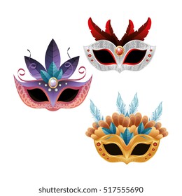 set beautiful masks carnival bright feathers design