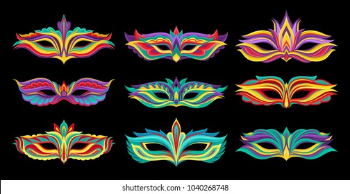 Set of beautiful masquerade masks. Vibrant attributes for costumed party. Decorative flat vector elements for Mardi Gras party poster, invitation or greeting card