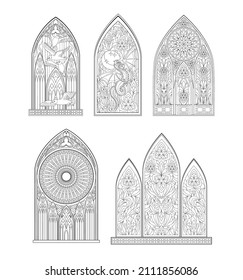 Dispone de hermosas vidrieras medievales de iglesias francesas. Dibujo en blanco y negro para el libro de colorear. Estilo arquitectónico gótico en Europa occidental. Página educativa. Imagen vectorial.