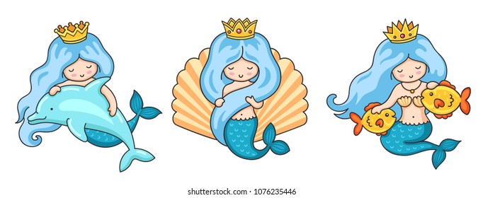 Set of beautiful mermaid princesses with fish, dolphin, seashell. Vector illustrations. 