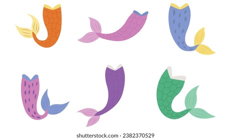 Set of beautiful mermaid tails in cartoon style. Vector illustration of different colored mermaid tails with scales: orange, purple, blue, green isolated on white background.