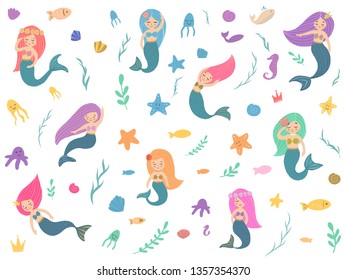 A set of beautiful mermaids. Fish, jellyfish, algae and other marine world. Vector illustration. Template the sea elements.