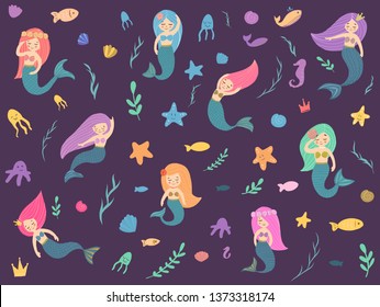 A set of beautiful mermaids. Fish, jellyfish, algae and other marine world. Vector illustration. Template the sea elements.