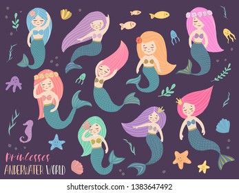 A set of beautiful mermaids. Fish, jellyfish, algae and other marine world. Vector illustration. Template the sea elements.