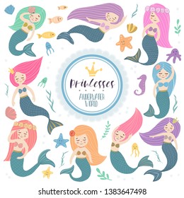 A set of beautiful mermaids. Fish, jellyfish, algae and other marine world. Vector illustration. Template the sea elements.