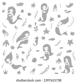 A set of beautiful mermaids. Fish, jellyfish, algae and other marine world. Vector illustration. Template the sea elements.