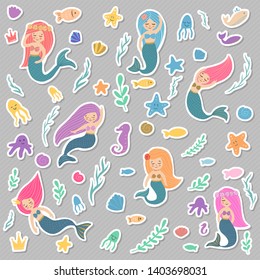A set of beautiful mermaids. Fish, jellyfish, algae and other marine world. Vector illustration. Template the sea elements.