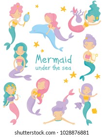 Set of beautiful mermaids. Little girls with colorful hair and fish tails. Fantastic sea life. Mythical marine creatures. Flat vector for children book or postcard