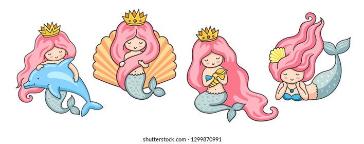 Set beautiful mermaids and pink hair  Vector illustrations 