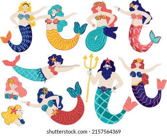 Set of beautiful mermaids and Poseidon with colored hair and decor isolated on white. Collection of mythical sea women with tails for postcards, posters, stickers. Cute cartoon vector illustration