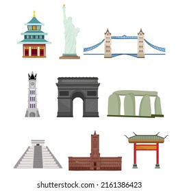 Set of beautiful miracle Landmarks around the world. drawing style isolated on white background, vector illustration
