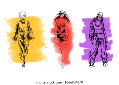 set beautiful model fashion watercolor